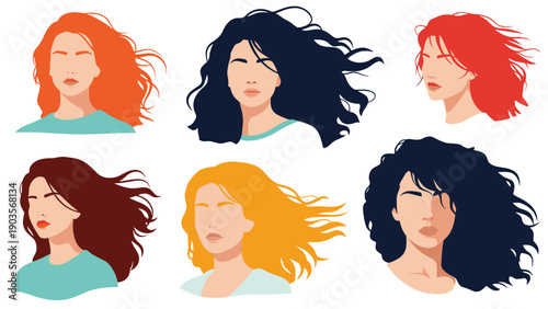 Collection of female portraits showcasing diverse women with long, flowing, wind-blown hair in different vibrant colors.