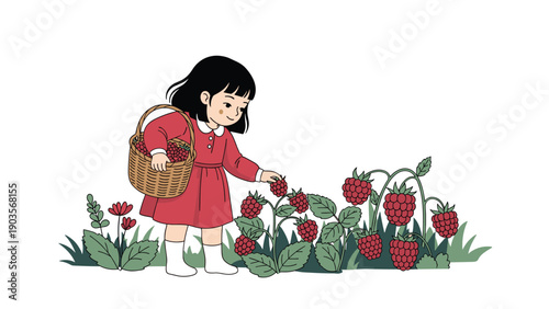 Sweet young girl in a red dress carefully picking ripe red raspberries from bushes into a wicker basket in a garden.