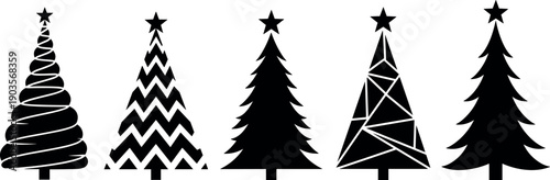 Set of black Christmas tree silhouettes with stars isolated on white background for holiday design, flavector