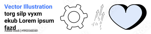 Engineering, self-improvement, innovation, health, relationships, progress. Gear mechanism with arrows pointing up and a heart icon. Innovation and self-improvement