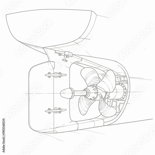 Detailed technical drawing of a ships propeller and stern section.