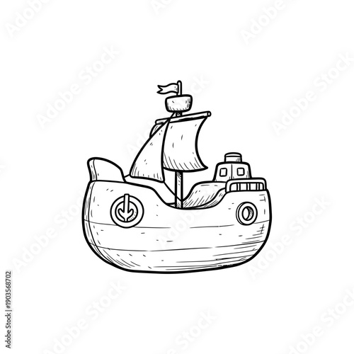 Hand Drawn Sketch of a Cute Cartoon Ship.
