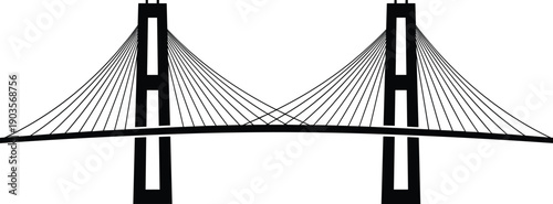 Suspension bridge silhouette, civil engineering icon, architectural landmark illustration, cable tower design graphic, infrastructure artwork, black and white vector