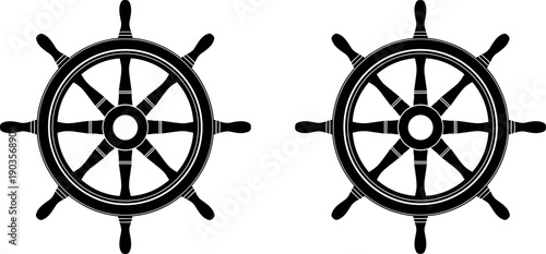 Ship steering wheel silhouettes set in black and white, nautical helm icons collection for maritime navigation, sailing and ocean themed designs
