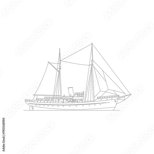 Vintage Sailing Ship Illustration with Detailed Rigging and Hull.