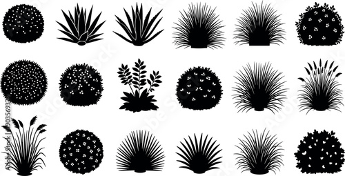 Stylized black bush and plant silhouettes for landscaping, nature design, garden layout – flavector