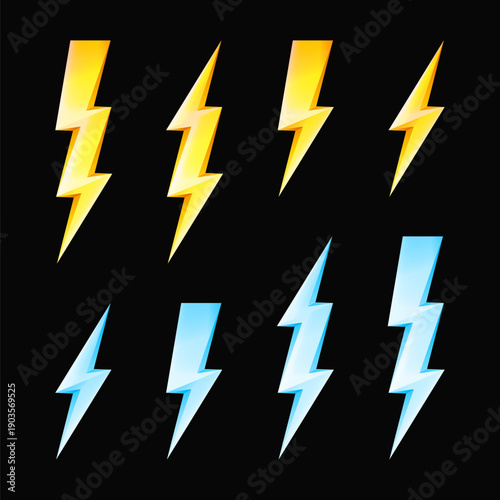 Set of lightning bolts on black background. The lightnings is colored yellow and blue.
