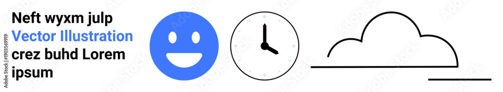 Fototapeta premium Communication, time management, weather forecast, productivity, simple visuals, minimalism. Blue happy face, clock icon and cloud graphic in clean design. Communication and time management symbolism