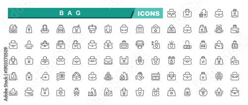 Bag line icon set. Icons for website. Contains such icons as tote, handshopping shop. Vector illustration. Luggage line icon set.
