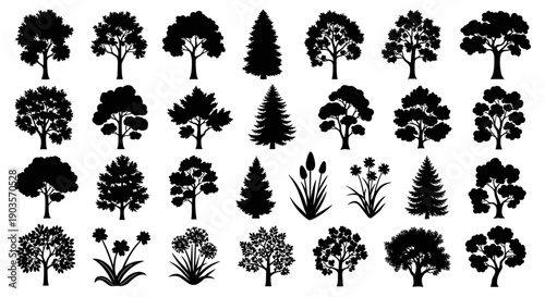 Collection of various stylized black silhouette trees and plants, representing different species and forms for natural design elements, illustrations, and decorative accents
