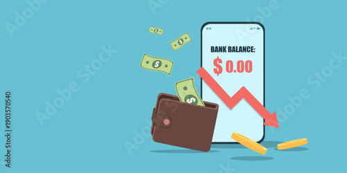 A flat art depiction of financial crisis featuring an empty brown wallet, falling money, and a smartphone displaying a zero dollar bank balance with a downward red trend arrow.