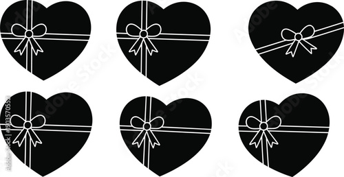 Heart gift box silhouettes with ribbon bow isolated on white background, romantic love present icon collection set