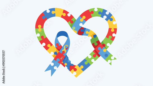 A heart and ribbon created from jigsaw pieces in various colors