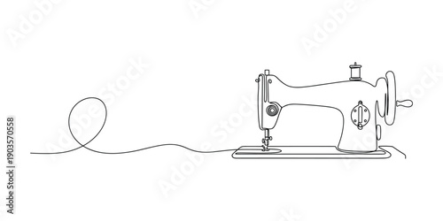 Vector continuous line drawing of vintage sewing machine with thread