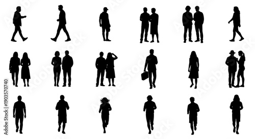 A curated collection of diverse silhouette figures walking in various poses, showcasing human movement and everyday activities in a minimalistic, graphic style