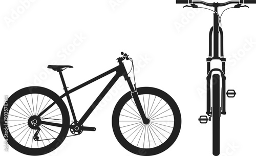 Mountain bike silhouette side and front view isolated on white background, black bicycle vector illustration for sports design