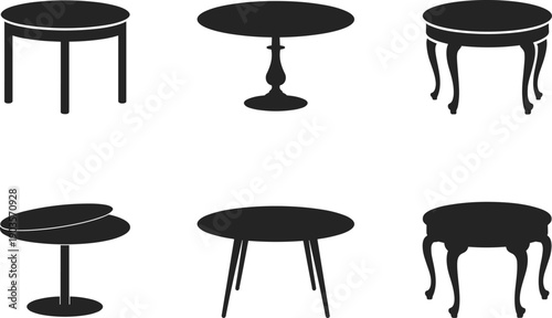 Round table silhouettes collection, modern and classic furniture designs, black isolated icons set on white background for interior decor