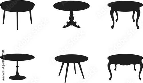 Round table silhouettes set, modern and antique furniture designs, black isolated icons collection on white background for interior decor