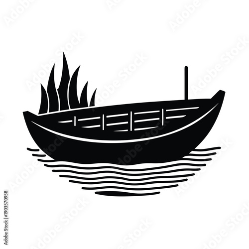 Wooden Boat On Calm Lake Vector Illustration