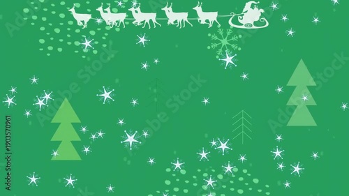 Animation of falling stars, santa riding sleigh with reindeers over trees against green background