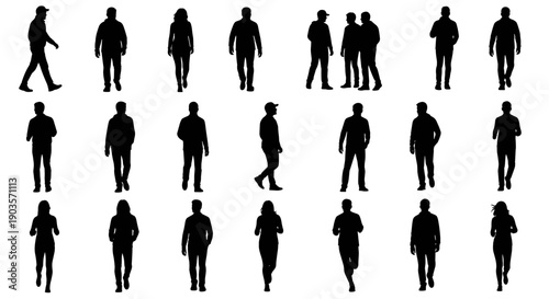 Diverse human silhouettes in various poses and actions walking, standing, running. Ideal for architectural visualization, urban planning, and graphic design applications
