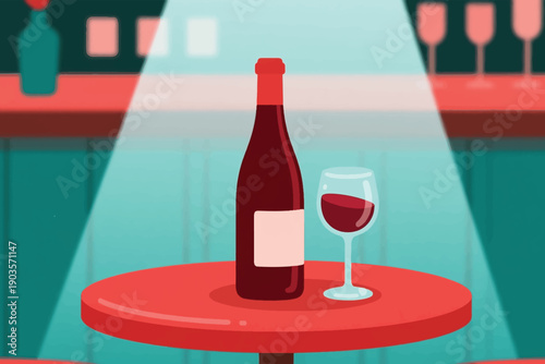Wine bottle and glass on red table under spotlight in bar lounge setting, symbolizing social atmosphere and nightlife elegance.
