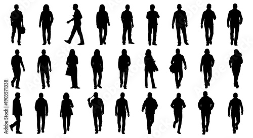 Collection of abstract human silhouettes in diverse dynamic and static poses, great for architectural visualization, urban planning, and graphic design elements