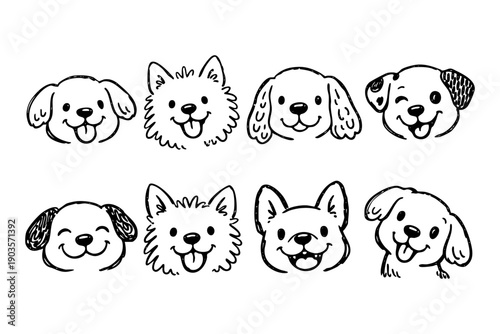 Collection of Cute Dog Faces Hand Drawn Sketch Style.
