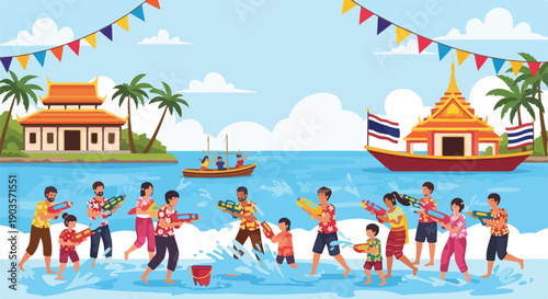 A joyous, colorful scene of people playing with water guns on a beach