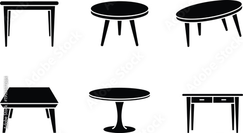 Table silhouettes collection, modern and classic furniture designs, black isolated home interior icons set on white background illustration
