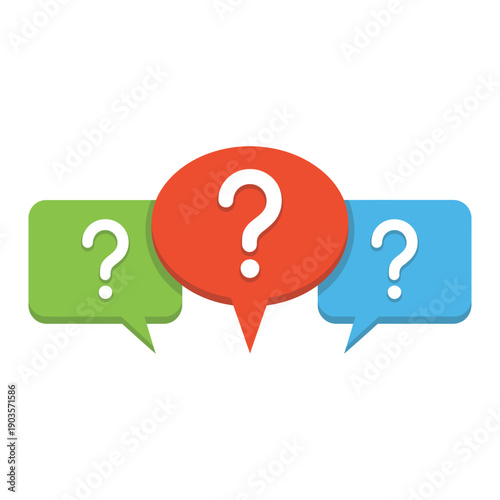 Colorful question mark speech bubbles in red green and blue for questions or problems icon