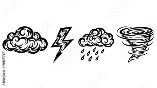 Four stylized icons depict severe weather phenomena like storms.