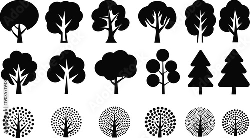 Tree silhouettes collection, modern and stylized forest tree icons, black isolated botanical symbols on white background illustration