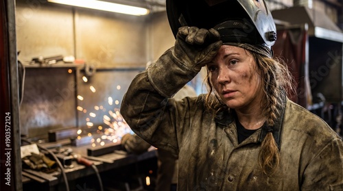 A gritty close-up portrait shows a dedicated young female welder taking a moment to wipe sweat from her dirty brow after intense work in a busy indust