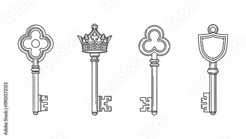 Four antique skeleton keys with varied ornate tops symbolize security.