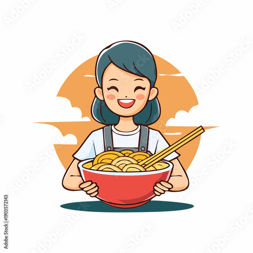 A cheerful young woman with short dark hair holding a steaming bowl of noodles with chopsticks, ready to enjoy a delicious meal