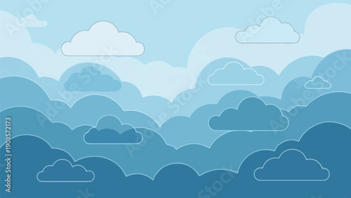 A layered, stylized illustration of fluffy clouds in various shades of blue