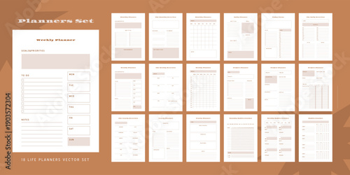 Set of minimalist monochrome abstract planners. Daily, weekly, monthly planner template. Blank printable vertical notebook page with space for notes and goals