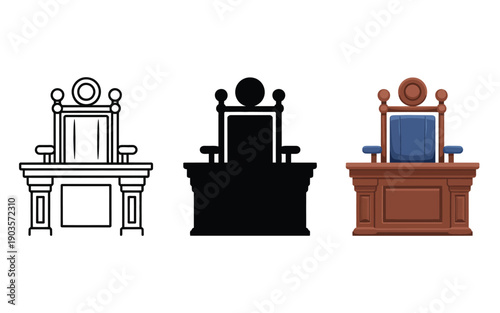 Judge's bench and gavel chair are shown in three distinct graphic styles for legal concepts.