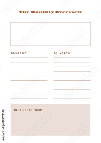 Minimalist abstract monochtome planner. Daily, weekly, monthly planner template. Blank printable vertical notebook page with space for notes and goals