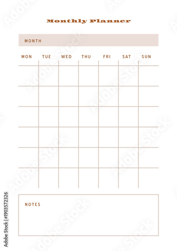 Minimalist abstract monochtome planner. Daily, weekly, monthly planner template. Blank printable vertical notebook page with space for notes and goals