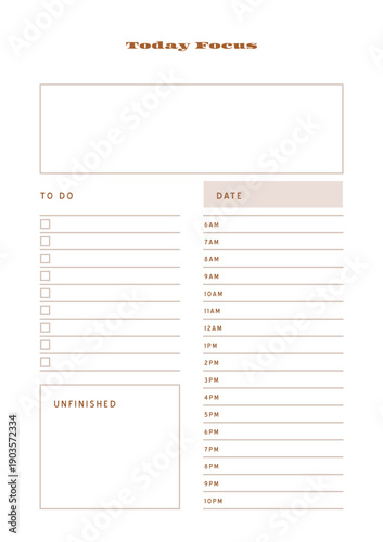 Minimalist abstract monochtome planner. Daily, weekly, monthly planner template. Blank printable vertical notebook page with space for notes and goals