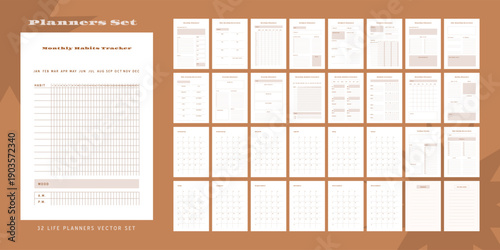 Set of minimalist monochrome abstract planners. Daily, weekly, monthly planner template. Blank printable vertical notebook page with space for notes and goals