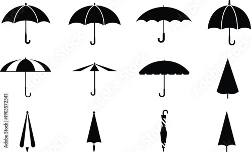 Umbrella silhouettes set, open and closed parasol icons collection, black isolated rain protection symbols on white background illustration