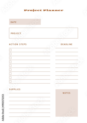 Minimalist abstract monochtome planner. Daily, weekly, monthly planner template. Blank printable vertical notebook page with space for notes and goals