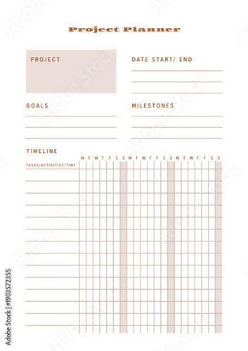 Minimalist abstract monochtome planner. Daily, weekly, monthly planner template. Blank printable vertical notebook page with space for notes and goals