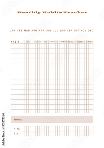 Minimalist abstract monochtome planner. Daily, weekly, monthly planner template. Blank printable vertical notebook page with space for notes and goals