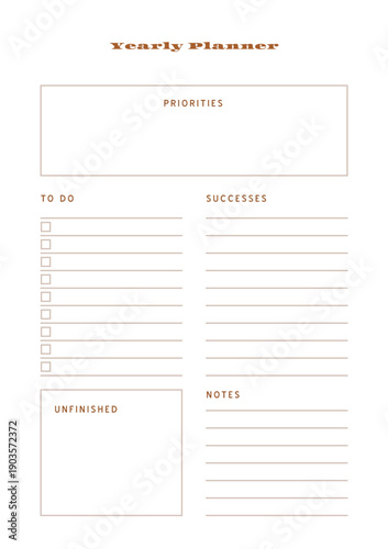 Minimalist abstract monochtome planner. Daily, weekly, monthly planner template. Blank printable vertical notebook page with space for notes and goals