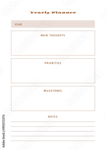 Minimalist abstract monochtome planner. Daily, weekly, monthly planner template. Blank printable vertical notebook page with space for notes and goals