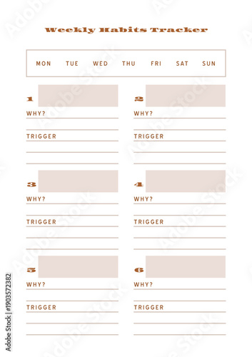 Minimalist abstract monochtome planner. Daily, weekly, monthly planner template. Blank printable vertical notebook page with space for notes and goals